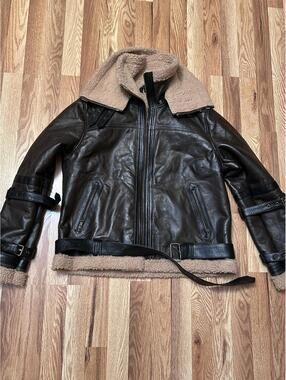 Mens Dark Brown B3 Bomber Leather Faux Shearling Full Zip Jacket XL